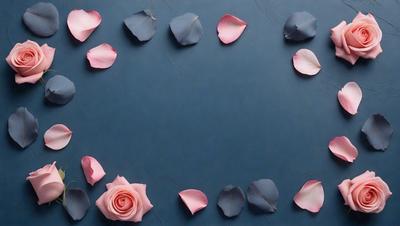 The primary subject of the image is a pink rose. The setting is a blue background, which creates a contrasting and visually appealing effect. The visual style is a combination of photo and digital art, as the rose is placed on a blue surface, and the petals are arranged in a circular pattern. The colors and mood of the image are predominantly pink and serene, as the rose is the main focus and the blue background adds a sense of calmness and tranquility.