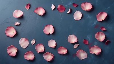 The primary subject of the image is a collection of pink flowers scattered across a blue surface. The setting appears to be a stone wall or a similar textured background. The visual style of the image is a close-up of the flowers, showcasing their delicate petals and intricate details. The colors in the image are predominantly pink, which creates a warm and inviting atmosphere.