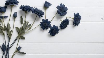The primary subject of the image is a bouquet of blue flowers, which are arranged in a vase and placed on a white wall. The setting is a white wall, and the visual style appears to be a photo. The dominant colors in the image are blue and white, creating a calm and serene atmosphere.