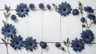The primary subject of the image is a white frame with blue flowers arranged in it. The flowers are scattered throughout the frame, creating a visually appealing and colorful display. The setting appears to be a wooden surface, possibly a table or a wall, where the frame is placed. The visual style of the image is a combination of natural elements and artistic arrangement, giving it a unique and eye-catching appearance. The colors and mood of the image are predominantly blue, which adds a sense of calmness and tranqu