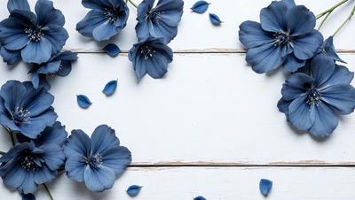 The primary subject of the image is a white surface with blue flowers scattered across it. The flowers are of various sizes and are placed in different positions on the white background. The setting appears to be a simple, clean environment, with no other objects or distractions visible. The visual style of the image is a close-up of the flowers, emphasizing their beauty and details. The colors and mood of the image are predominantly blue, creating a calm and serene atmosphere.
