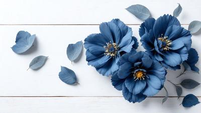 The primary subject of the image is a group of blue flowers, which are the main focus of the scene. The flowers are arranged on a white surface, which serves as the background. The visual style of the image is a photo, capturing the beauty of the flowers in their natural setting. The dominant colors in the image are blue and white, creating a serene and calming atmosphere.