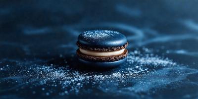 The primary subject of the image is a black and white cookie with white powdered sugar on top. The cookie is placed on a black surface, which adds a contrasting element to the scene. The visual style of the image is a close-up of the cookie, emphasizing its details and texture. The colors and mood of the image are predominantly black and white, giving it a classic and elegant appearance.