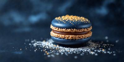 The primary subject of the image is a chocolate-covered cookie with a black center, sitting on a black surface. The cookie is topped with a generous amount of powdered sugar. The setting appears to be a dark room, possibly a kitchen or a dining area. The visual style of the image is a close-up of the cookie, emphasizing its details and texture. The colors and mood of the image are predominantly dark, with the chocolate and powdered sugar adding a touch of