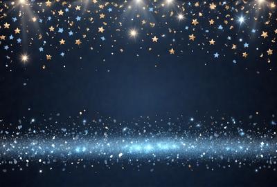 The primary subject of the image is a blue background with a starry pattern. The setting is a night sky, and the visual style is a digital art or illustration. The dominant colors are blue and gold, creating a serene and celestial atmosphere.