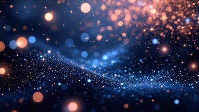 The primary subject of the image is a brightly lit, colorful background featuring a blue and white starry sky. The setting is a dark background, which contrasts with the vibrant colors of the stars. The visual style of the image is a combination of a photo and digital art, creating a unique and eye-catching effect. The colors and mood of the image are lively and energetic, with the blue and white stars creating a sense of wonder and excitement.