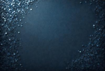 The primary subject of the image is a large, dark blue surface with a few scattered blue squares. The setting appears to be a black background, and the visual style is a combination of a photo and digital art. The colors and mood of the image are predominantly dark and moody, with the blue squares adding a touch of brightness to the overall atmosphere.