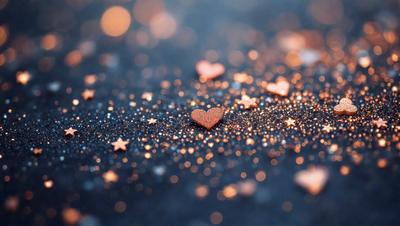 The primary subject of the image is a heart-shaped piece of glittery, pink confetti. The heart is placed on a black background, which creates a striking contrast. The visual style of the image is a close-up of the heart, emphasizing its shape and texture. The colors and mood of the image are predominantly black and pink, giving it a warm and festive atmosphere.