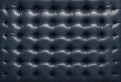 The primary subject of the image is a blue leather couch with a patterned design. The setting is a room with a blue background, and the visual style is a close-up of the couch. The colors and mood of the image are predominantly blue, creating a calm and relaxing atmosphere.