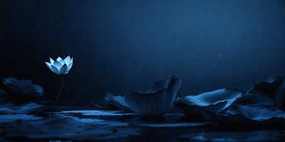 The primary subject of the image is a group of flowers floating on a body of water. The setting is a dark, blue environment, which creates a serene and moody atmosphere. The visual style is a combination of photo and digital art, as the flowers are depicted in a realistic manner while the overall scene is digitally manipulated. The colors and mood of the image are predominantly dark and mysterious, with the blue water and the floating flowers creating a sense of tranquility and beauty.