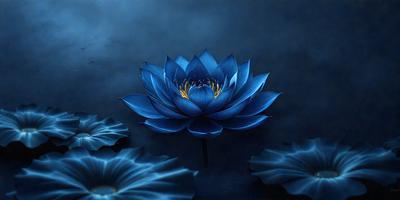 The primary subject of the image is a blue flower, which is the main focus of the scene. The setting is a dark background, which adds to the overall mood of the image. The visual style is a combination of photo and digital art, creating a unique and artistic representation of the flower. The dominant colors are blue and purple, which contribute to a calm and serene atmosphere.