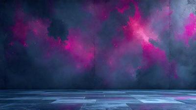 The primary subject of the image is a large, colorful painting on a wall. The painting features a pink background with a purple and red design. The setting is a room with a tiled floor, and the visual style appears to be a combination of digital art and illustration. The colors and mood of the painting are vibrant and lively, creating a captivating and engaging atmosphere.