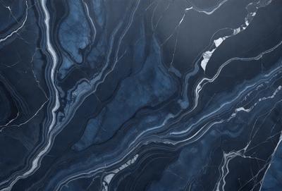 The primary subject of the image is a close-up of a marble tile with a blue and black pattern. The setting is a bathroom, as indicated by the presence of the marble tile. The visual style is a photo, showcasing the intricate details of the tile. The dominant colors are blue and black, creating a sophisticated and elegant atmosphere.