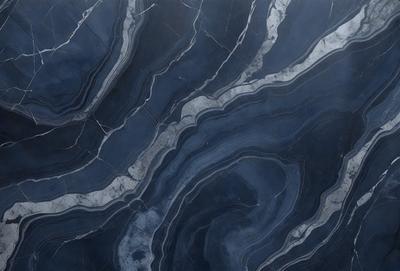 The primary subject of the image is a marble-like stone with a blue and white color scheme. The setting is a stone wall, and the visual style appears to be a close-up of the stone. The colors and mood of the image are predominantly blue and white, giving it a clean and elegant appearance.