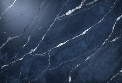 The primary subject of the image is a blue marble wall with white veins. The setting is a dark room, and the visual style is a close-up of the marble wall. The colors and mood of the image are predominantly dark and moody, with the blue marble and white veins providing a contrasting element.