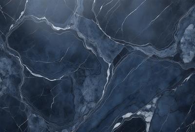 The primary subject of the image is a marble countertop with a blue and white color scheme. The setting is a kitchen, and the visual style is a close-up of the countertop. The countertop has a patterned design, giving it a unique and elegant appearance. The colors and mood of the image are predominantly blue and white, creating a calm and sophisticated atmosphere.