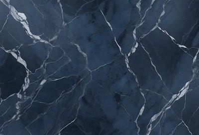 The primary subject of the image is a blue marble wall with a pattern of white and grey veins. The setting is a room with a blue marble floor. The visual style is a close-up of the marble wall, showcasing its unique texture and pattern. The colors and mood of the image are predominantly blue and grey, creating a calm and sophisticated atmosphere.