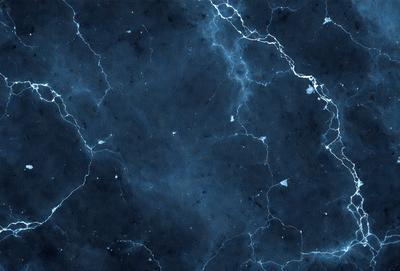 The primary subject of the image is a blue and white marble-like surface with a pattern of lightning bolts. The setting is a dark, possibly underground environment. The visual style is a combination of a photo and digital art, creating a unique and intriguing appearance. The dominant colors are blue and white, with the lightning bolts adding a touch of contrast and interest to the overall atmosphere.