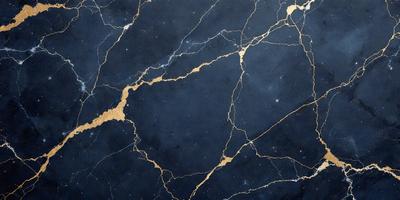 The primary subject of the image is a blue marble countertop with gold veins running through it. The setting is a kitchen, and the visual style is a close-up of the countertop. The dominant colors are blue and gold, creating a luxurious and elegant atmosphere.