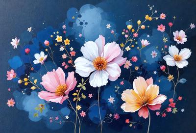 The primary subject of the image is a beautiful bouquet of flowers, with a mix of pink, white, and yellow colors. The flowers are arranged in a vase, and they are surrounded by a blue background. The visual style of the image is a painting, which adds a sense of artistic expression and depth to the scene. The colors and mood of the image are vibrant and cheerful, creating a sense of happiness and warmth.
