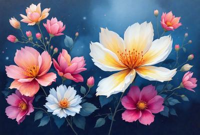 The primary subject of the image is a bouquet of flowers, which are the main objects in the scene. The flowers are displayed against a blue background, creating a visually appealing contrast. The flowers are depicted in a digital art style, showcasing their vibrant colors and intricate details. The overall atmosphere of the image is lively and cheerful, with the flowers serving as a focal point and a symbol of beauty and life.