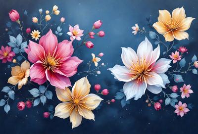 The primary subject of the image is a beautiful painting of flowers. The painting features a variety of flowers, including pink and white ones, arranged in a visually appealing manner. The setting is a blue background, which complements the vibrant colors of the flowers. The visual style of the painting is a combination of digital art and illustration, creating a realistic and detailed representation of the flowers. The colors and mood of the painting are predominantly warm and inviting, with the pink and white flowers adding a touch