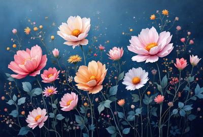 The primary subject of the image is a beautiful bouquet of pink flowers. The flowers are arranged in a vase, creating a visually appealing scene. The setting is a blue background, which adds a sense of depth and contrast to the image. The visual style is a combination of digital art and illustration, resulting in a vibrant and detailed representation of the flowers. The colors and mood of the image are predominantly pink, which evokes feelings of warmth, love, and happiness.