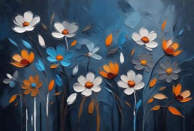 The primary subject of the image is a painting of flowers. The setting is a blue background, and the visual style is a painting. The painting features a variety of flowers, including white and orange ones, and is displayed in a vase. The colors and mood of the painting are predominantly blue and white, creating a serene and calming atmosphere.
