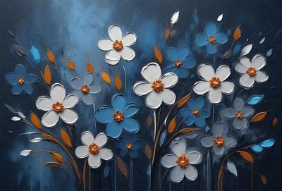The primary subject of the image is a painting of flowers. The setting is a blue background, and the visual style appears to be a digital art or illustration. The painting features a variety of flowers, including white and blue ones, and they are arranged in a vase. The colors and mood of the painting are predominantly blue, creating a calm and serene atmosphere.