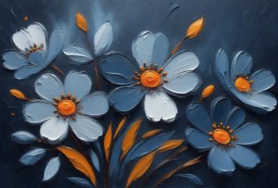 The primary subject of the image is a painting of flowers. The painting features a blue flower with an orange center, surrounded by other blue flowers. The setting is a blue background, and the visual style is a painting. The colors and mood of the painting are predominantly blue and calming.