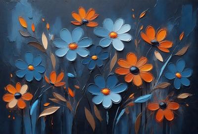 The primary subject of the image is a painting of flowers. The painting features a variety of flowers, including blue and orange daisies, arranged in a vibrant and colorful manner. The setting is a painting on a canvas, showcasing the artist's skill in creating a visually appealing and realistic representation of the flowers. The visual style is a combination of digital art and traditional painting techniques, resulting in a unique and captivating artwork. The colors and mood of the painting are lively and cheerful