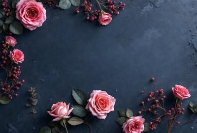 Primary subject: Pink roses
Setting/background: A blue surface
Visual style: Photo
Colors and mood: Pink and soft, romantic