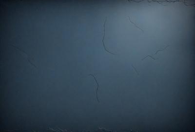 The primary subject of the image is a blue wall with a pattern of white lines. The setting is a room with a blue background. The visual style is a close-up of the wall, showcasing the intricate pattern of the white lines. The colors and mood of the image are predominantly blue, creating a calm and serene atmosphere.