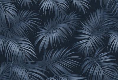 The primary subject of the image is a pattern of palm leaves, which are blue in color. The setting is a dark blue background, creating a contrast with the palm leaves. The visual style is a digital art or illustration, as the palm leaves are depicted in a detailed and intricate manner. The dominant colors are blue and green, giving the image a calm and serene atmosphere.