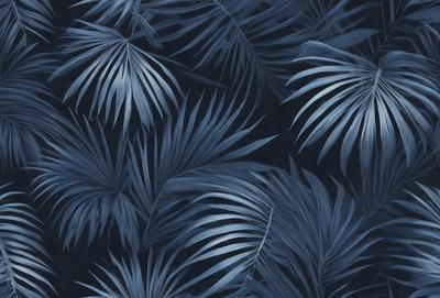 The primary subject of the image is a pattern of palm leaves, which are blue and white in color. The setting is a black background, creating a striking contrast with the palm leaves. The visual style is a digital art or illustration, as the palm leaves are depicted in a detailed and intricate manner. The dominant colors are blue and white, giving the image a calm and serene atmosphere.