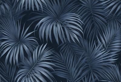 The primary subject of the image is a pattern of palm leaves. The setting is a blue background, which creates a contrast with the palm leaves. The visual style is a combination of a photo and a drawing, giving the image a unique and artistic appearance. The dominant colors are blue and green, with the palm leaves being predominantly green. The overall atmosphere of the image is serene and tropical.