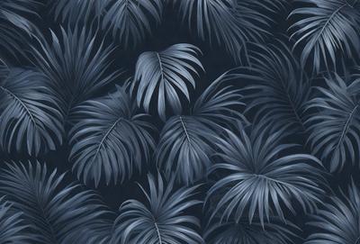 The primary subject of the image is a pattern of palm leaves. The setting is a dark blue background, which creates a contrast with the palm leaves. The visual style is a combination of a photo and a digital art, as the palm leaves are depicted in a detailed and intricate manner. The colors and mood of the image are predominantly dark and moody, with the blue background and the contrasting palm leaves creating a sense of depth and complexity.