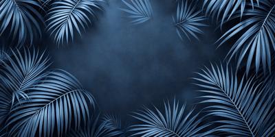 The primary subject of the image is a blue background with a pattern of palm leaves. The setting is a dark blue background, which creates a moody atmosphere. The visual style is a combination of a photo and a digital art, as the palm leaves are digitally created and placed on the blue background. The colors and mood of the image are predominantly dark blue and moody, with the palm leaves adding a touch of natural greenery.
