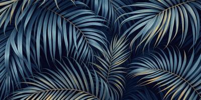 The primary subject of the image is a close-up of a palm tree with a blue background. The setting is a dark blue background, which contrasts with the palm tree's natural green and gold colors. The visual style is a digital art or illustration, as the palm tree appears to be a detailed and intricate design. The colors and mood of the image are serene and calming, with the blue background providing a sense of tranquility and the palm tree's natural beauty evoking a sense