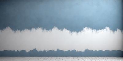 The primary subject of the image is a large, blue wall with a wave-like pattern painted on it. The setting is a room with a white floor, and the visual style appears to be a combination of digital art and illustration. The dominant colors are blue and white, creating a calm and serene atmosphere.