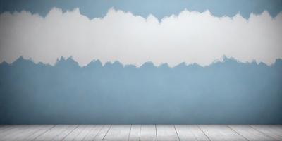 The primary subject of the image is a blue wall with a white cloud painted on it. The setting is a room with a wooden floor. The visual style is a painting, and the dominant colors are blue and white. The overall atmosphere is calm and serene.