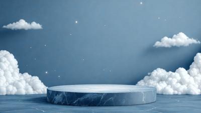 The primary subject of the image is a large, round, blue marble table. The table is placed on a blue surface, which could be a table or a floor. The setting appears to be a nighttime scene, with a backdrop of a blue sky and clouds. The visual style of the image is a combination of photo and digital art, creating a unique and artistic representation of the marble table. The colors and mood of the image are predominantly blue, giving it a calm and serene atmosphere.