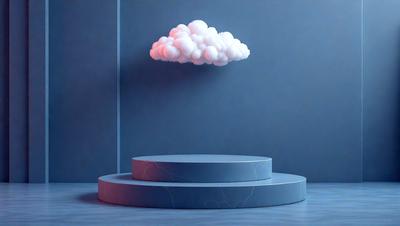 The primary subject of the image is a large, white cloud floating in the air. The cloud is positioned above a blue wall, creating a striking contrast between the cloud and the wall. The setting appears to be a room with a blue background, which adds to the overall atmosphere of the scene. The visual style of the image is a combination of photo and digital art, giving it a unique and artistic appearance. The colors and mood of the image are predominantly blue, with the white cloud adding a touch of brightness and contrast