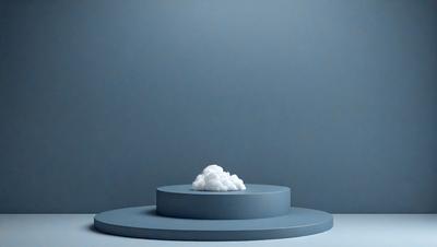 The primary subject of the image is a white cloud, which is placed on a blue surface. The setting appears to be a studio or a controlled environment, as the cloud is positioned on a blue table. The visual style of the image is a combination of photo and digital art, creating a unique and artistic representation of the cloud. The colors and mood of the image are predominantly blue, with the white cloud adding a touch of contrast and interest to the overall composition.