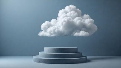 The primary subject of the image is a large, white cloud floating in the sky. The cloud is the main focus of the image, and it appears to be a digital art or illustration. The setting is a blue background, which adds to the overall atmosphere of the image. The colors and mood of the image are predominantly blue and calm, creating a serene and peaceful scene.