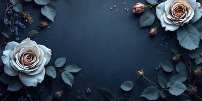 The primary subject of the image is a bouquet of pink roses. The setting is a dark blue background, which creates a dramatic contrast with the roses. The visual style is a close-up of the roses, showcasing their details and beauty. The colors and mood of the image are predominantly dark and moody, with the pink roses standing out as the main focal point.