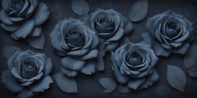 The primary subject of the image is a group of blue roses. They are arranged in a visually appealing manner, with some of the roses appearing to be floating in the air. The setting is a dark background, which adds a dramatic and moody atmosphere to the scene. The visual style of the image is a combination of photo and digital art, creating a unique and artistic representation of the blue roses. The colors and mood of the image are predominantly dark and mysterious, with the blue roses serving