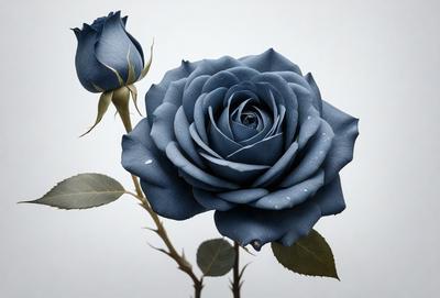 The primary subject of the image is a single blue rose. The rose is prominently displayed in the foreground, with a leaf visible in the background. The visual style of the image is a close-up, which emphasizes the details of the rose. The colors and mood of the image are predominantly blue, creating a calm and serene atmosphere.