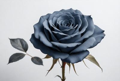 The primary subject of the image is a single blue rose. The rose is prominently displayed in the foreground, with its vibrant blue color standing out against the background. The setting appears to be a white surface, which provides a clean and minimalist backdrop for the rose. The visual style of the image is a close-up of the rose, emphasizing its beauty and details. The overall atmosphere of the image is serene and elegant, with the blue rose serving as the focal point.