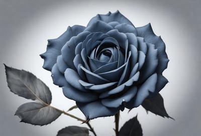 The primary subject of the image is a single blue rose. The rose is prominently displayed in the foreground, with its vibrant blue color standing out against the background. The setting appears to be a white background, which further emphasizes the rose's striking appearance. The visual style of the image is a close-up, focusing on the details of the rose, and the overall atmosphere is serene and elegant.